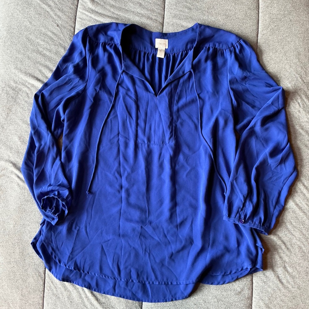 Chico's Cobalt Blue V Neck Tie Neck Long Sleeve Blouse Top‎ Size 2
